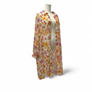 Vintage Pastel Floral Print Sheer Long Botton Down Blouse Collard Size *2XL